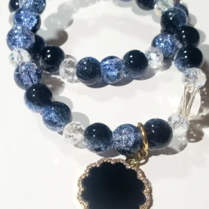 Blue Glass Beaded Bracelet With Black Clover Charm