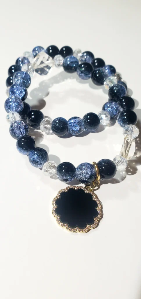 Blue Glass Beaded Bracelet With Black Clover Charm