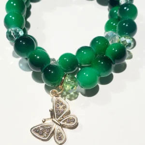 Green Glass Beaded Bracelet Set With Butterfly Charm