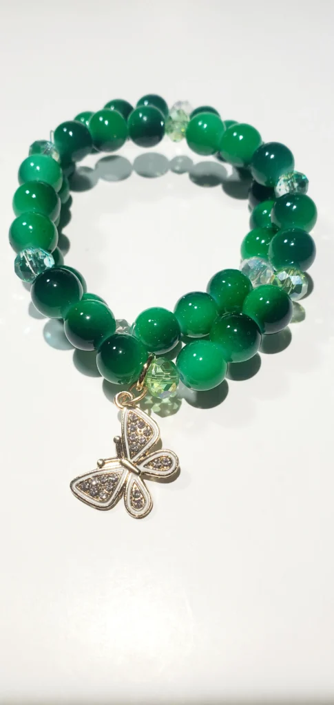 Green Glass Beaded Bracelet Set With Butterfly Charm